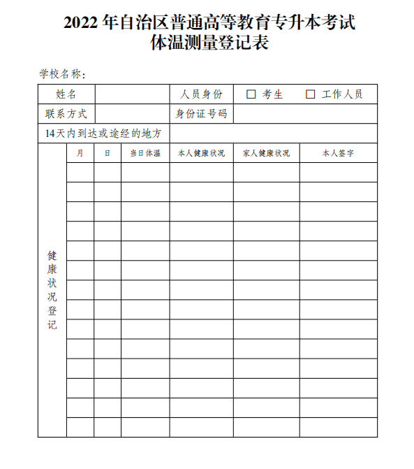 2022新疆專升本考試體溫測(cè)量登記表下載 2022新疆專升本考試體溫測(cè)量登記表下載